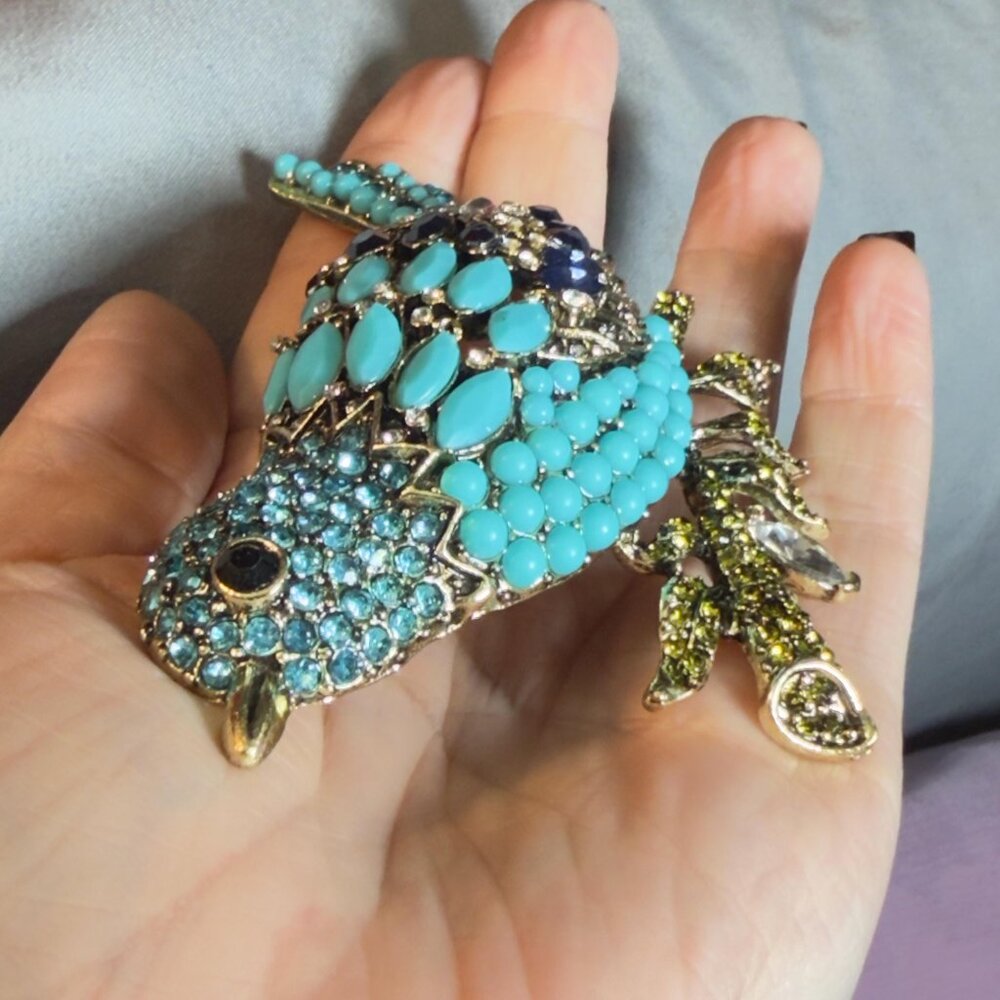 Bird Brooch Blue Rhinestone Statement Pin Openwork 4 Inch - Picture 4 of 7